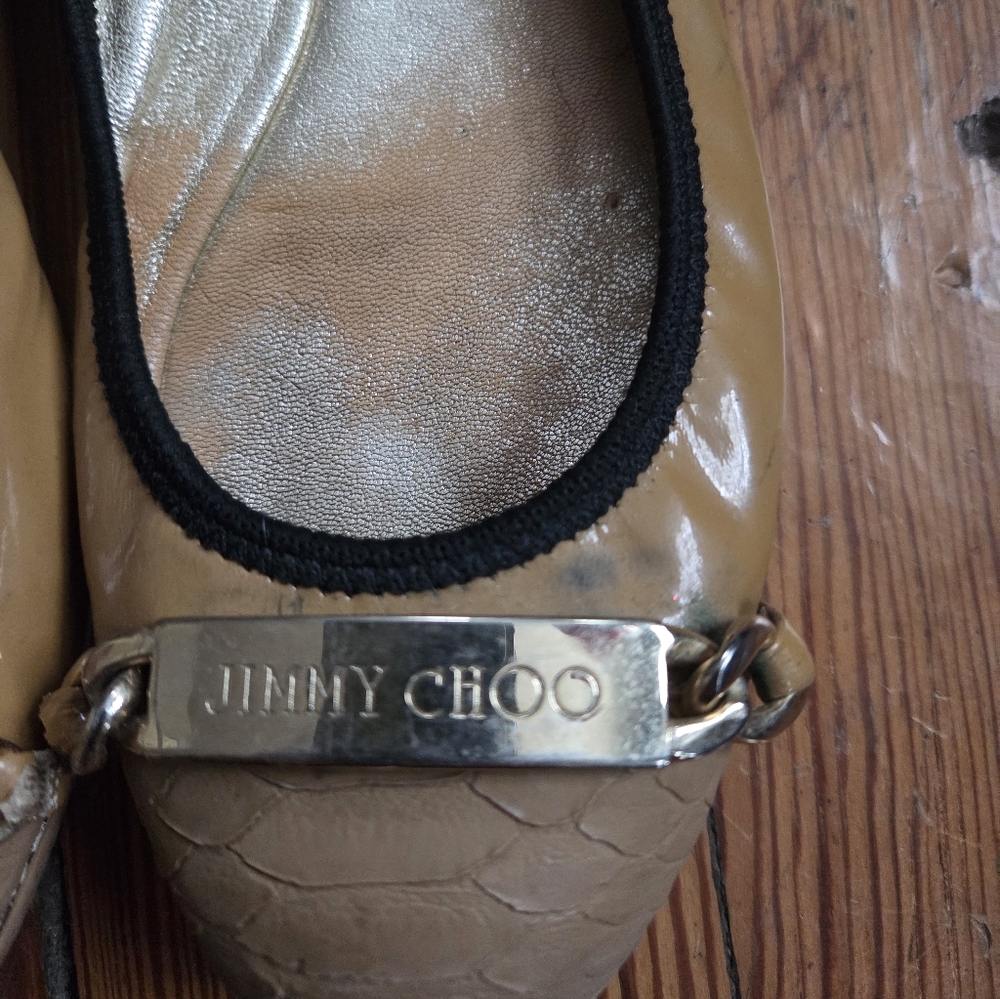 Jimmy Choo Ballet Flats Patent Leather Embossed Tan Gold Hardware Loafers 38 (8) - Picture 8 of 11